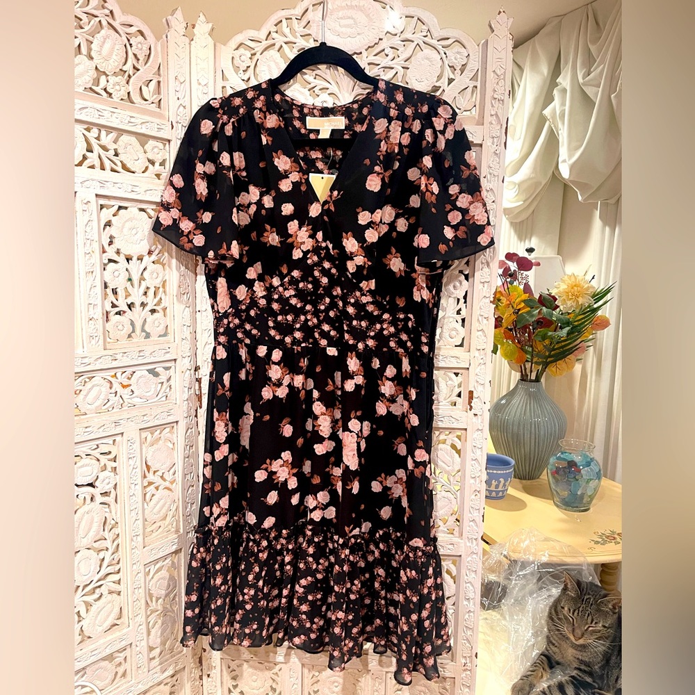 Pink Florals Adorn Michael Kors Ruffle Dress NWT